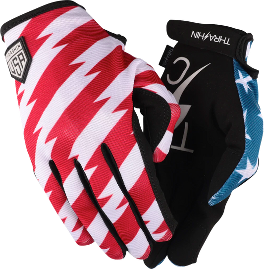 Red and blue Stealth gloves by THRASHIN SUPPLY CO. with stars and bolts design, size XL, part number SV1-12-11.