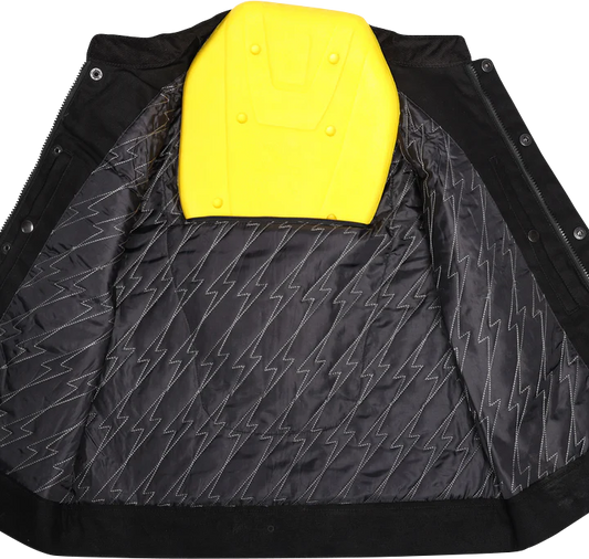 Black THRASHIN SUPPLY CO. Nightrider v2 riding vest in medium size, shown on a model with motorcycle gear and riding accessories.