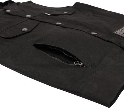 Black THRASHIN SUPPLY CO. Nightrider v2 riding vest in XL size, featuring a durable design and reflective details for motorcycle riding.
