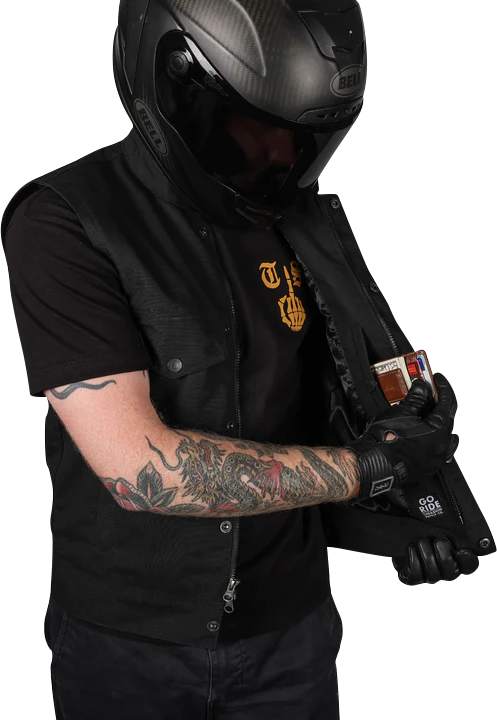 Black Thrasin Supply Co. Nightrider v2 riding vest in XL with reflective accents, designed for motorcycle riding.