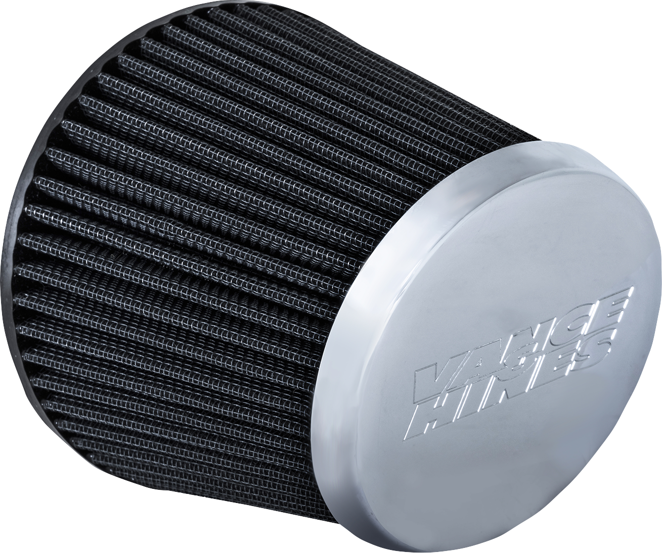 Vance & Hines VO2 Falcon air filter in chrome, designed for motorcycle intake systems, featuring a sleek chrome finish and durable construction.