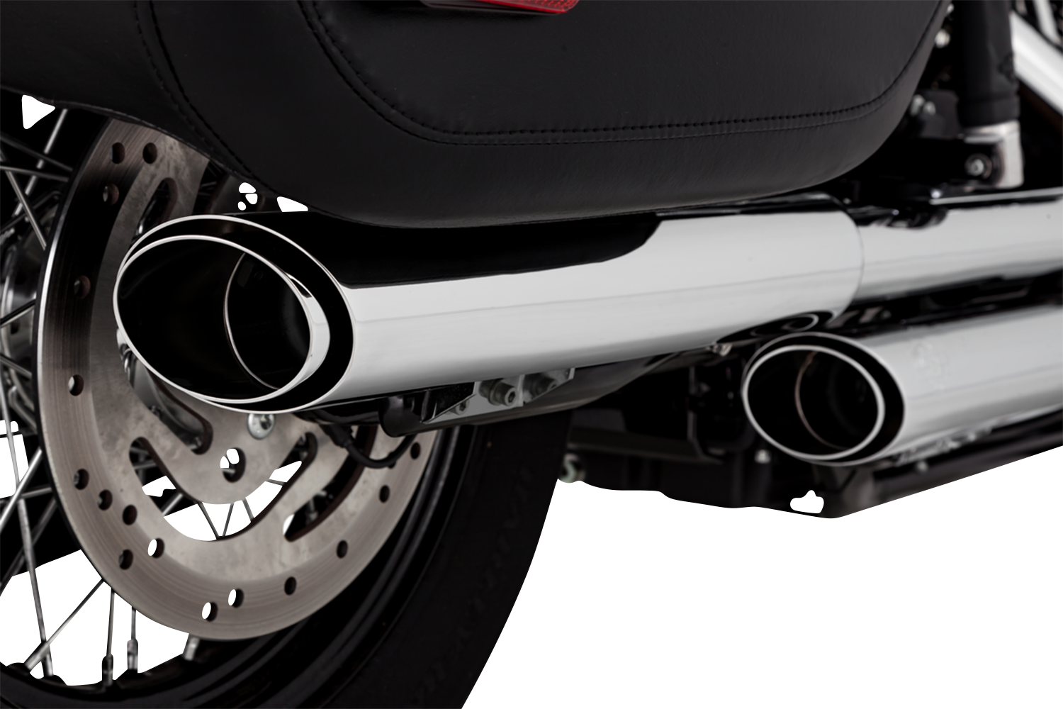 VANCE & HINES 3-inch twin slash chrome slip-on muffler with PCX technology for motorcycle exhaust systems.
