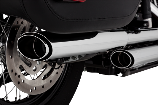 VANCE & HINES 3-inch twin slash chrome slip-on muffler with PCX technology for motorcycle exhaust systems.