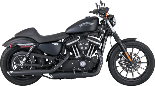 Black Vance & Hines 3-Inch Twin Slash Slip-On Mufflers with PCX Technology for motorcycles, detailed view of the exhaust tips.