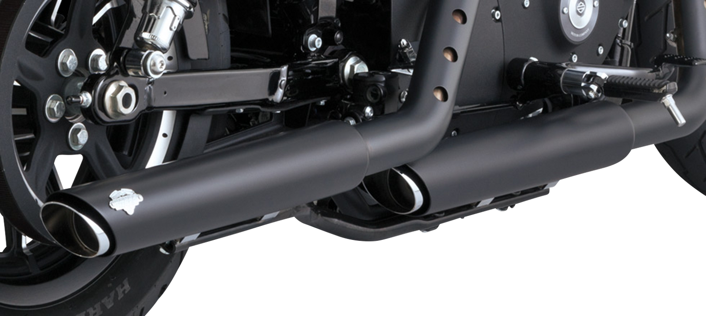 VANCE & HINES 3-inch twin slash slip-on mufflers with PCX technology in black for motorcycle exhaust upgrade.
