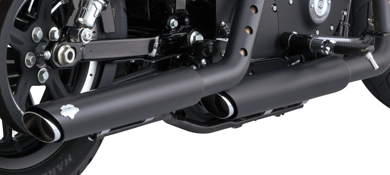 VANCE & HINES 3-inch twin slash slip-on mufflers with PCX technology in black for motorcycle exhaust upgrade.