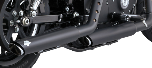VANCE & HINES 3-inch twin slash slip-on mufflers with PCX technology in black for motorcycle exhaust upgrade.