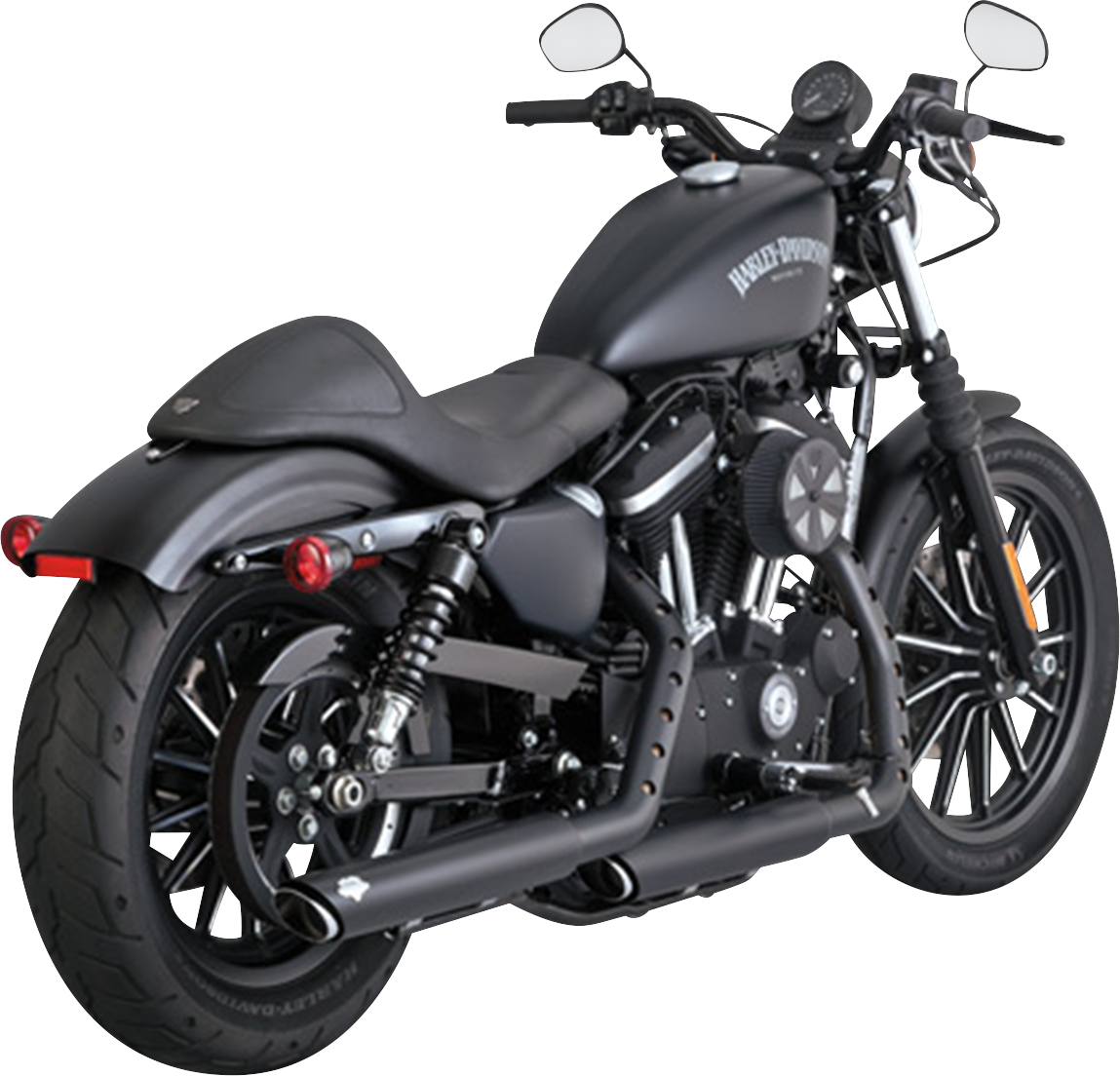 VANCE & HINES 3-inch twin slash slip-on mufflers with PCX technology in black for motorcycle exhaust upgrade.