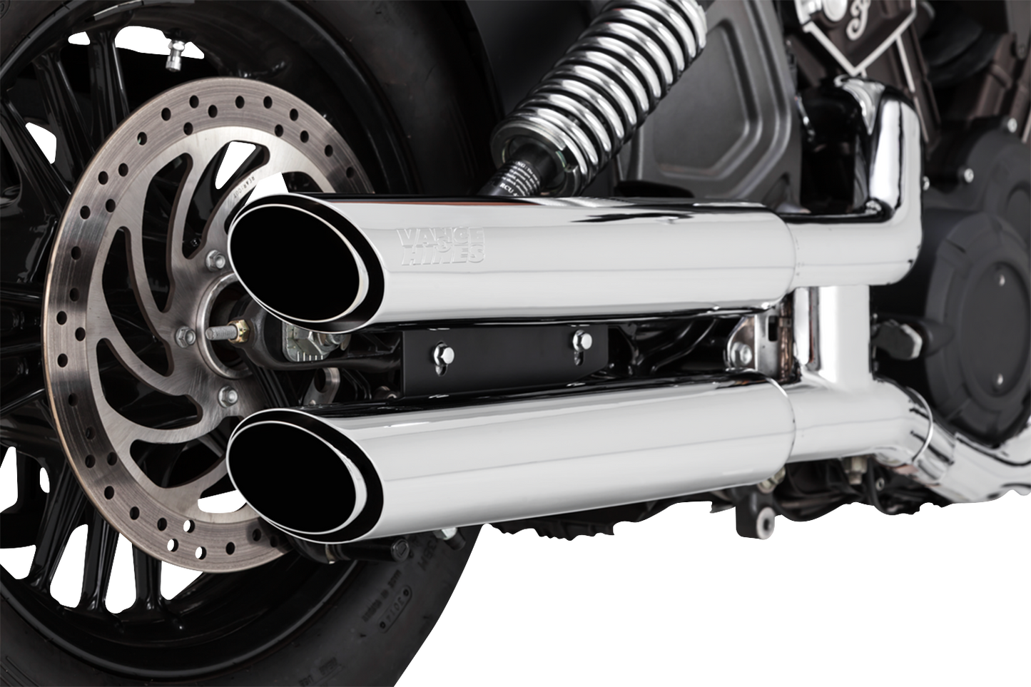 Vance & Hines 3-inch twin slash slip-on mufflers with chrome finish for motorcycle exhaust system.