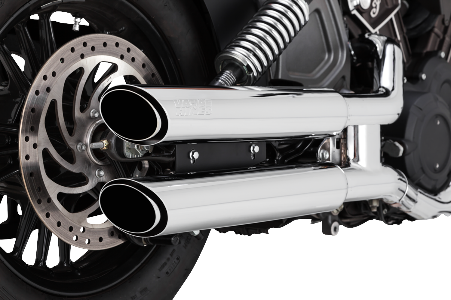 Vance & Hines 3-inch twin slash slip-on mufflers with chrome finish for motorcycle exhaust system.