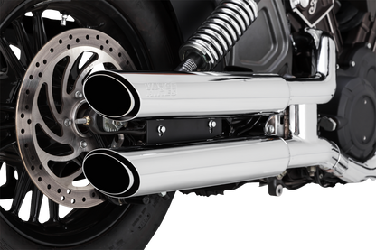 Vance & Hines 3-inch twin slash slip-on mufflers with chrome finish for motorcycle exhaust system.