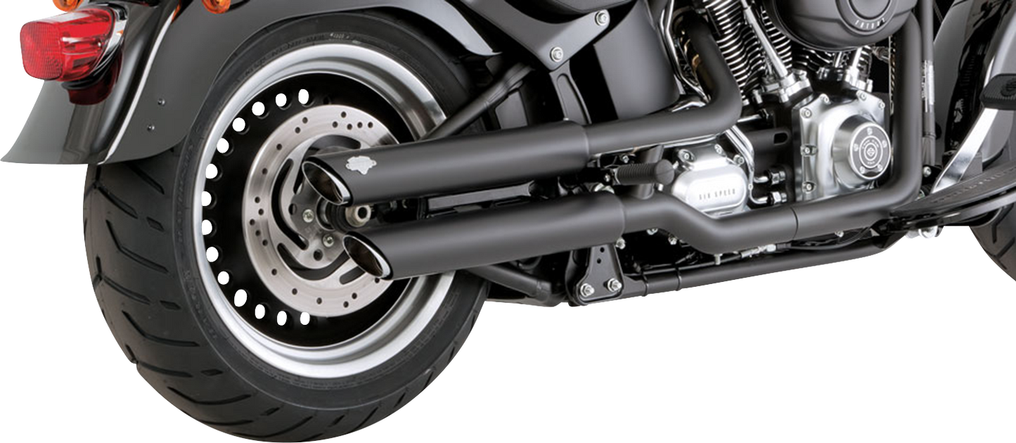 VANCE & HINES 3-inch twin slash slip-on mufflers with PCX technology in black, designed for motorcycle exhaust systems.