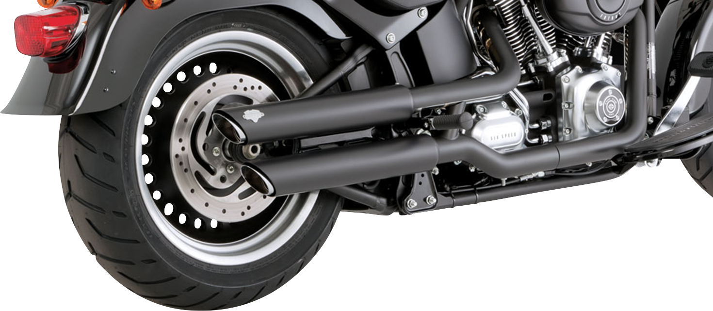 VANCE & HINES 3-inch twin slash slip-on mufflers with PCX technology in black, designed for motorcycle exhaust systems.