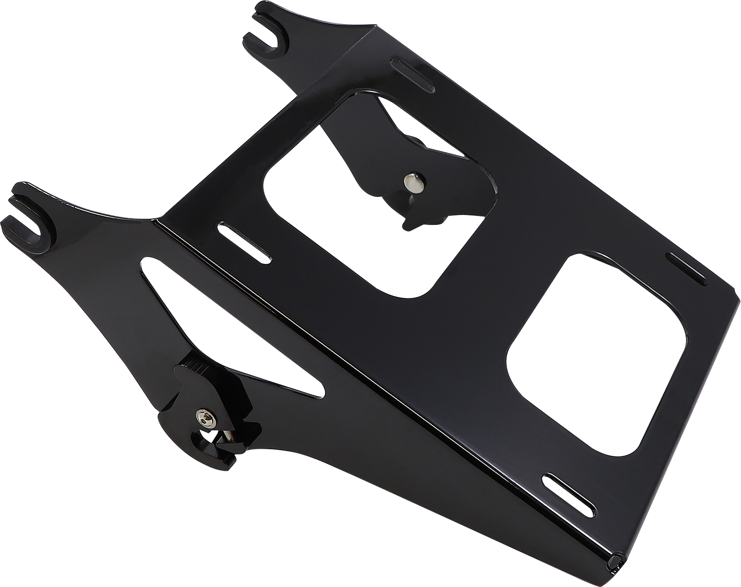 Black DRAG SPECIALTIES Tour Box Mount for Dresser motorcycle models, showing the sturdy metal construction and mounting brackets.