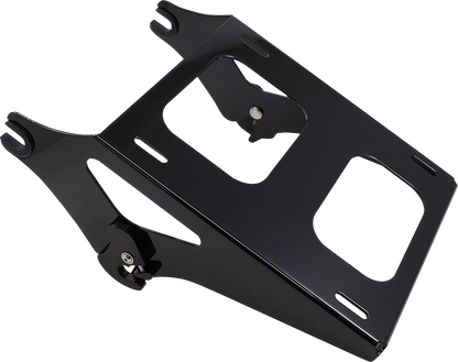 Black DRAG SPECIALTIES Tour Box Mount for Dresser motorcycle models, showing the sturdy metal construction and mounting brackets.