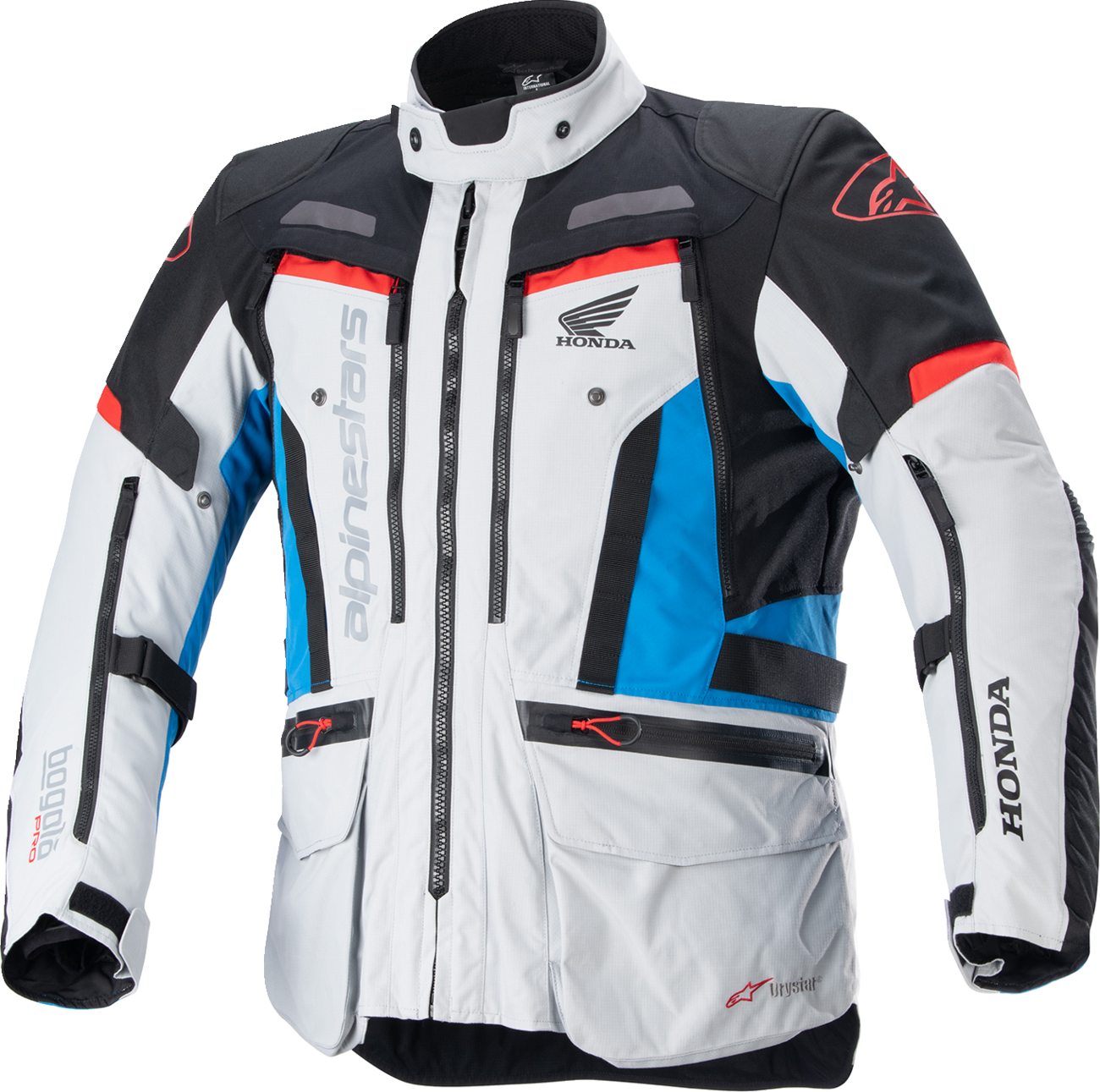 Alpinestars Honda Bogotà Pro Drystar motorcycle jacket in gray, black, red, and blue, size 3XL, with protective armor details.