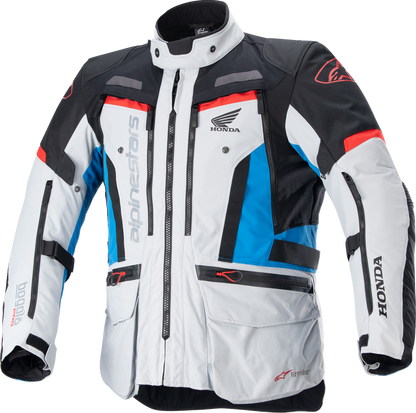 Alpinestars Honda Bogotà Pro Drystar® motorcycle jacket in gray, black, red, and blue, size 4XL, with protective armor visible.