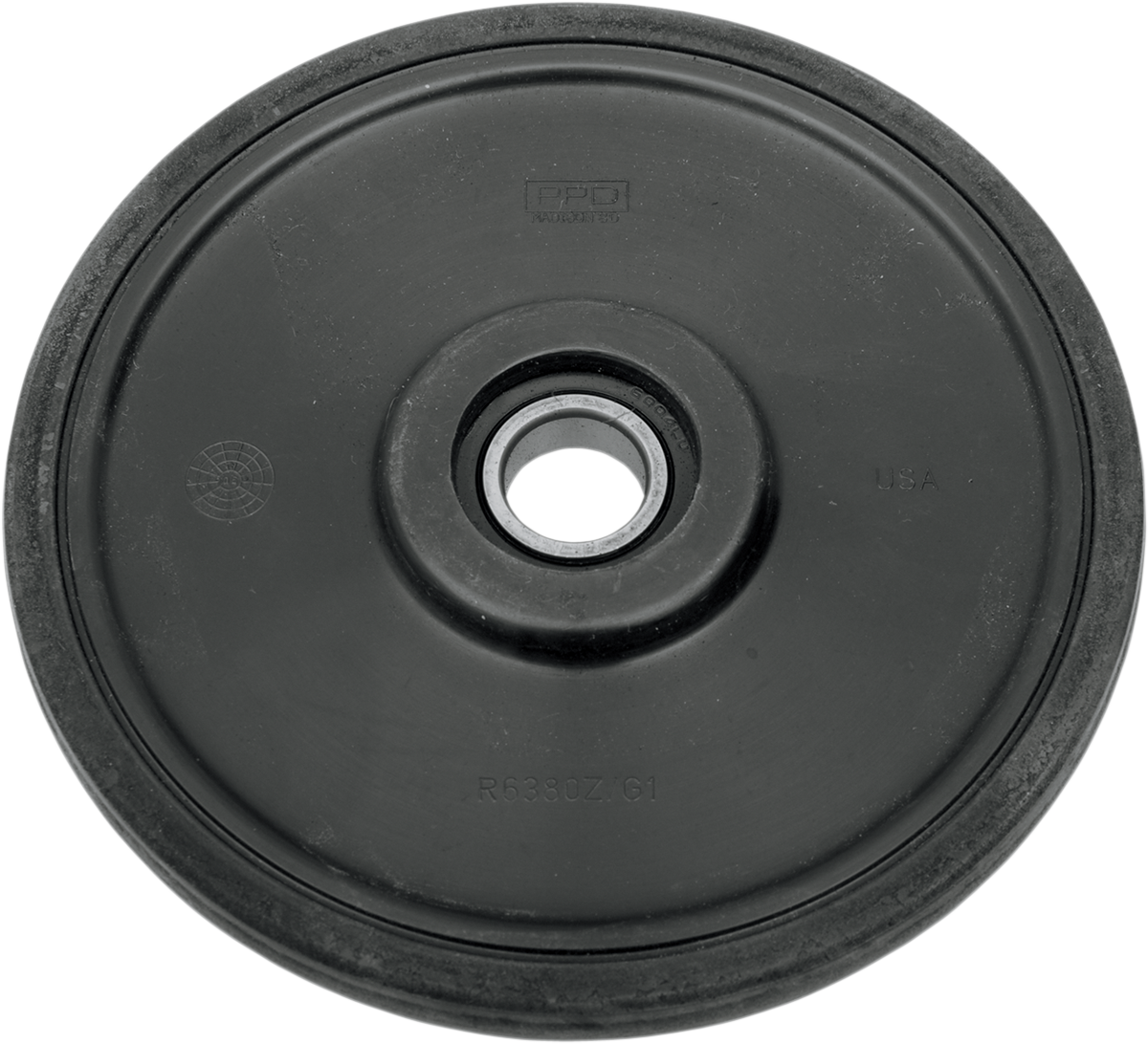 Parts Unlimited R6380Z-2 001C black idler wheel with 6004-2RS bearing, 6.38-inch outer diameter, used for machinery or equipment.