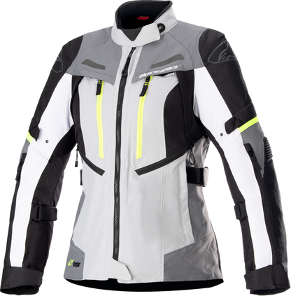 Gray and white Alpinestars Stella Bogota Drystar® motorcycle jacket in 2XL, showing its lightweight waterproof design and protective features.