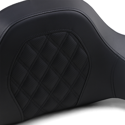 Bill's Exhausts SADDLEMEN Lattice Stitched Tour-Pak Passenger Pad on motorcycle seat with decorative stitching and padding.