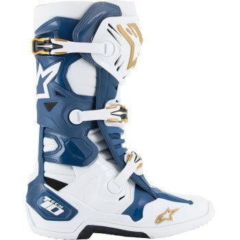Alpinestars Arlington LE Tech 10 motorcycle boots in white, blue, and gold with ankle support and rugged sole design.