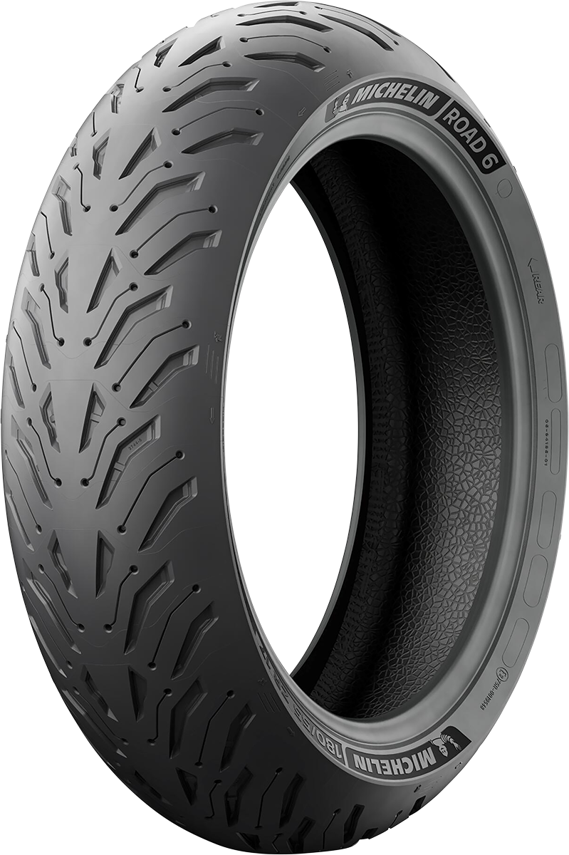 Rear MICHELIN Road 6 motorcycle tire 190/55ZR17 (75W) with tread pattern, mounted on a wheel for motorcycle riding.
