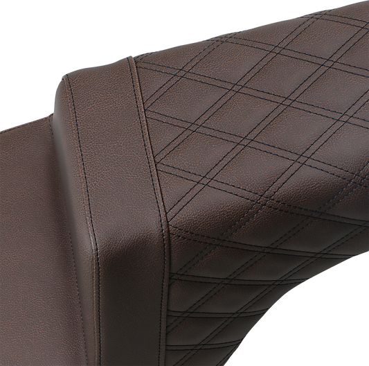 Brown SADDLEMEN Step Up Seat for Indian motorcycle, front smooth and rear lattice design, by Bill's Exhausts.