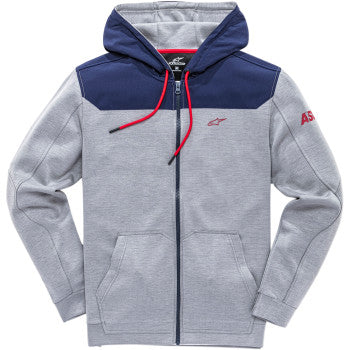Gray and navy Alpinstars Venom Zip Hoodie in medium size, featuring a front zipper and hood, displayed on a plain background.