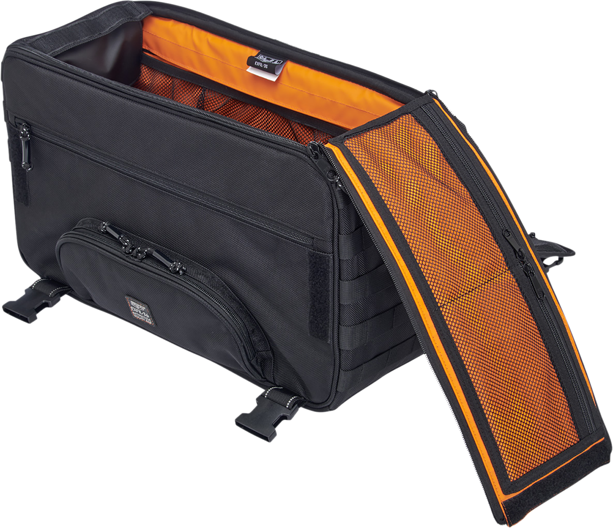 Black Biltwell Exfil-36 saddlebags by Bill's Exhausts, showing durable leather bags with metal buckles and spacious storage.