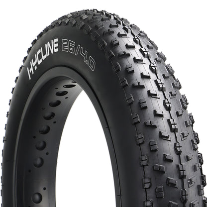 Hycline Raider e-bike and fat bike tire with rugged tread, designed for off-road cycling on rough terrain.