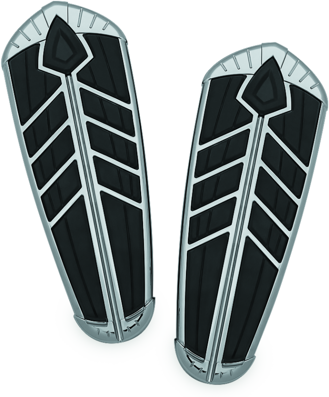 Chrome Kuryakyn Spear Driver Floorboard Inserts for Indian Motorcycles, part #5650, featuring detailed spear design.