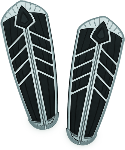 Chrome Kuryakyn Spear Driver Floorboard Inserts for Indian Motorcycles, part #5650, featuring detailed spear design.