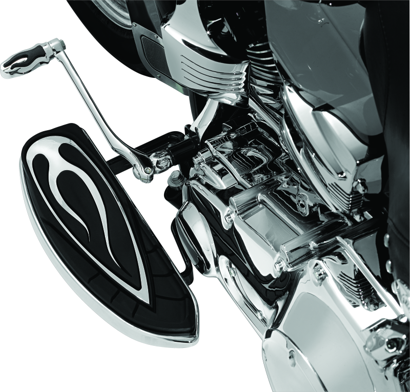 Kuryakyn Flamin Shift Peg for Harley-Davidson, chrome motorcycle foot peg with flame design and mounting hardware.