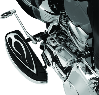 Kuryakyn Flamin Shift Peg for Harley-Davidson, chrome motorcycle foot peg with flame design and mounting hardware.