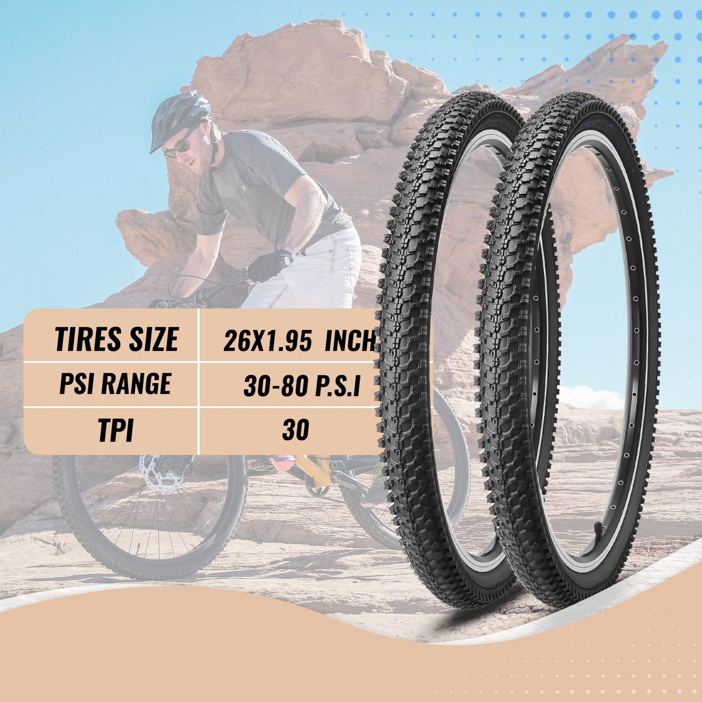 Hycline CrossBand mountain bike tire, 26 inches by 1.95 inches, with tread pattern designed for off-road riding.