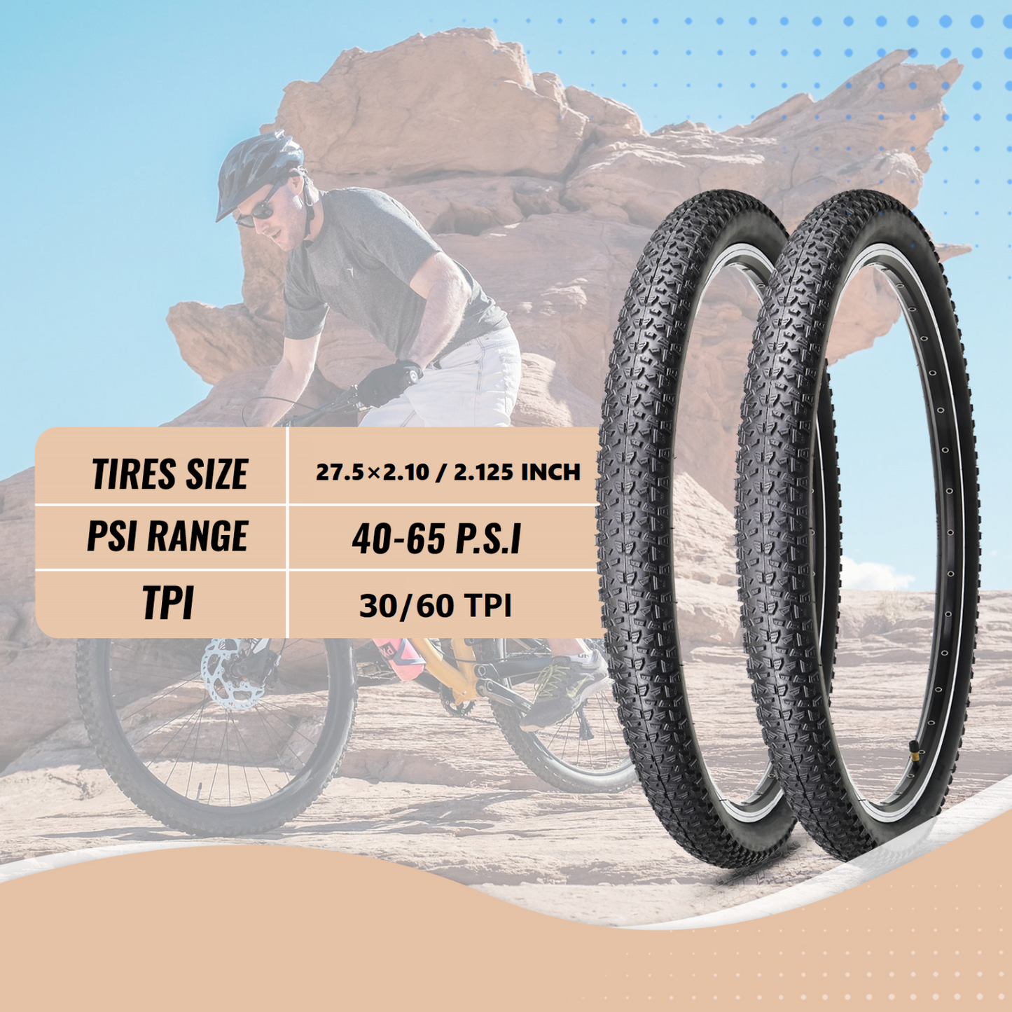 Hycline Baxon XC mountain bike tire in 27.5x2.125 inch size, featuring tread pattern for off-road cycling.