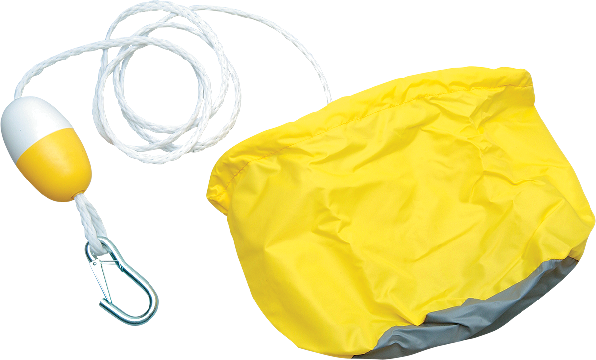 Yellow PARTS UNLIMITED Anchor Bag with rope and float for PWC, featuring durable material and secure closure.