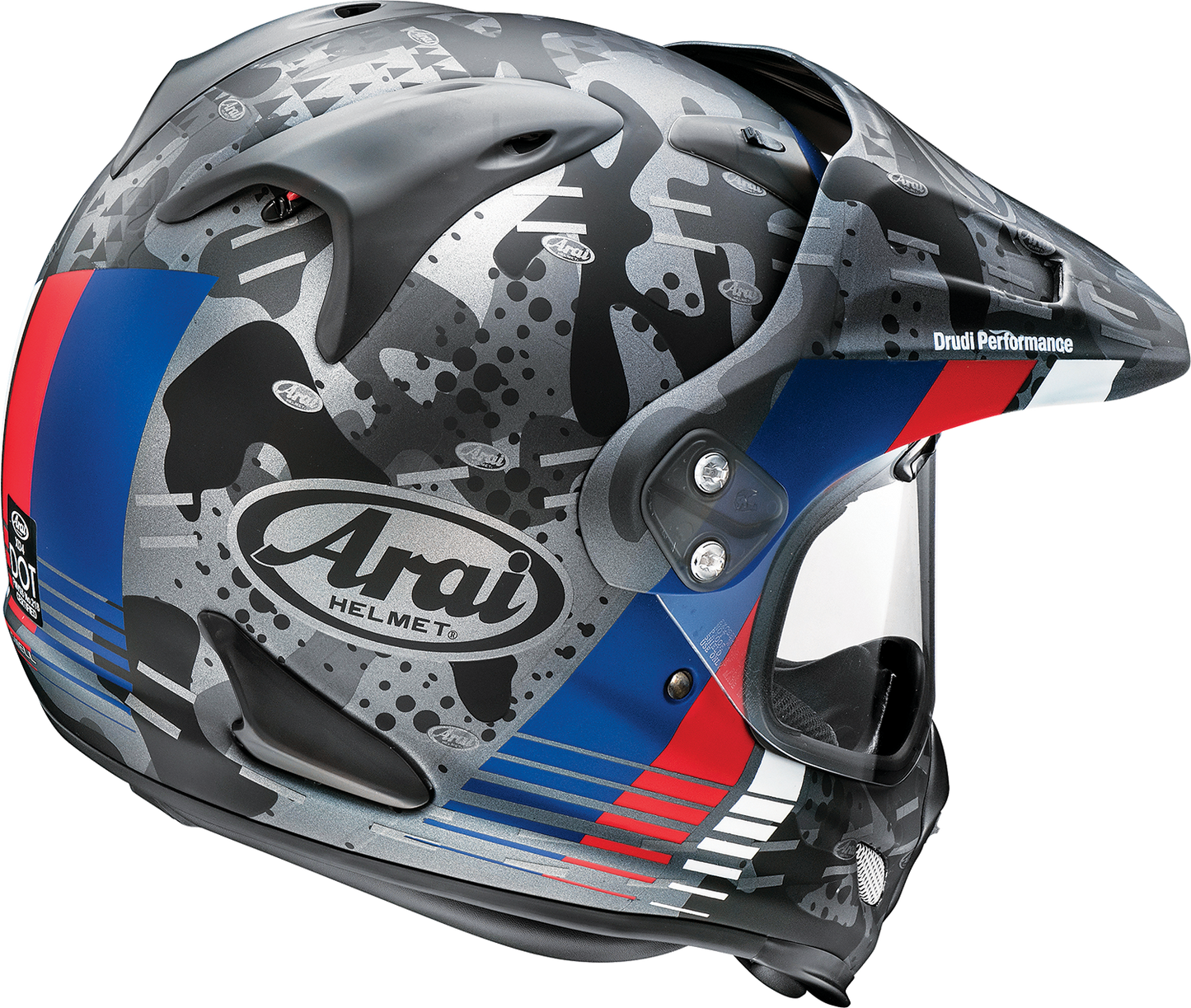 Arai Helmets XD-4 Trico Frost helmet cover in XS, featuring a textured blue and gray pattern, designed to fit Arai helmet models.