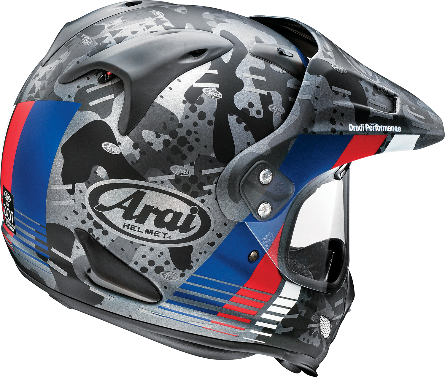 Arai Helmets XD-4 Trico Frost helmet cover in XS, featuring a textured blue and gray pattern, designed to fit Arai helmet models.