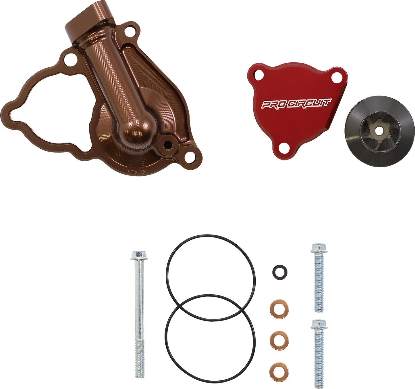 PRO CIRCUIT Kawasaki water pump cover with impeller, durable metal component for engine cooling and performance.