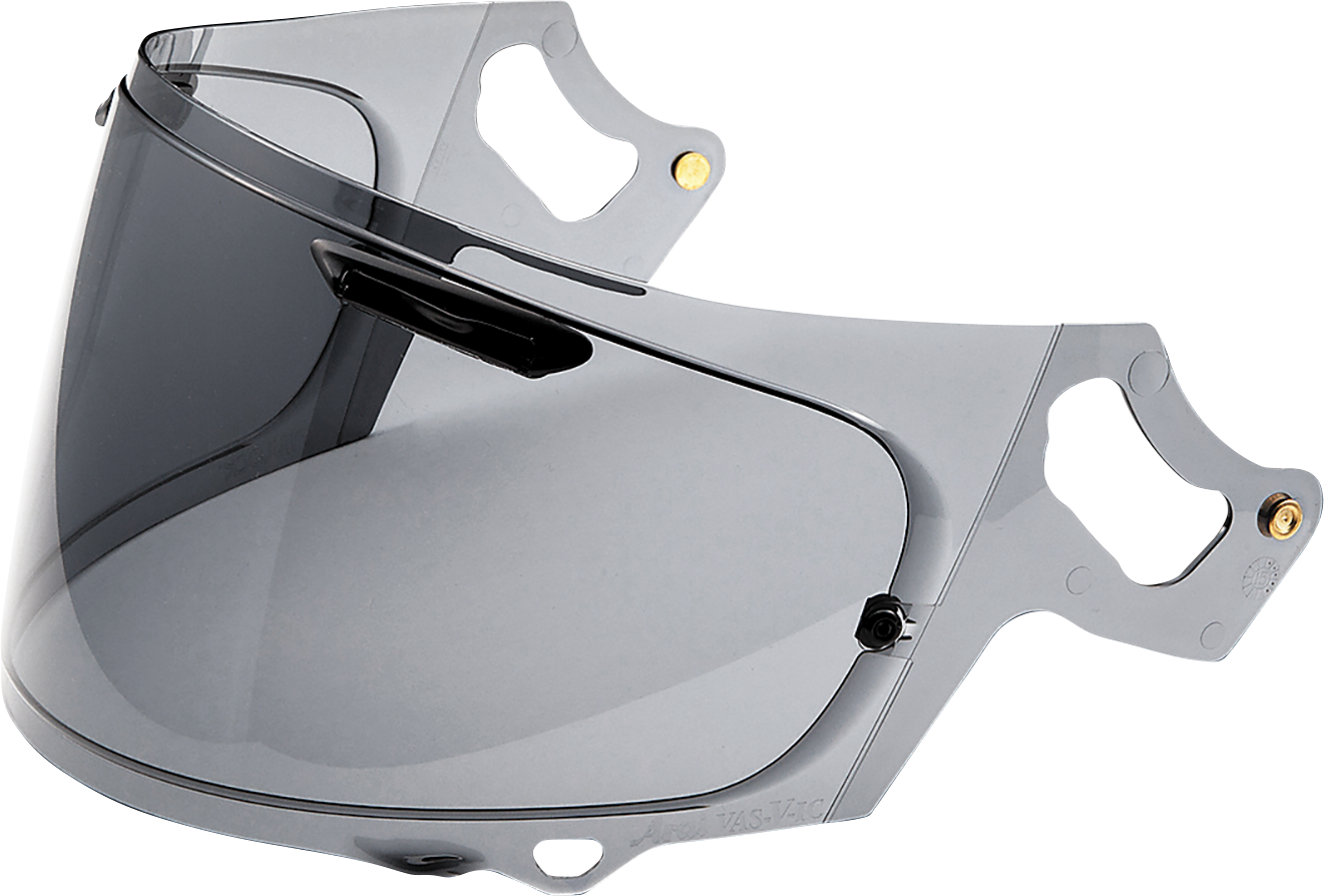 Arai helmets VAS-V dark tint shield with Pinlock® compatibility, shown on a motorcycle helmet in a detailed close-up image.