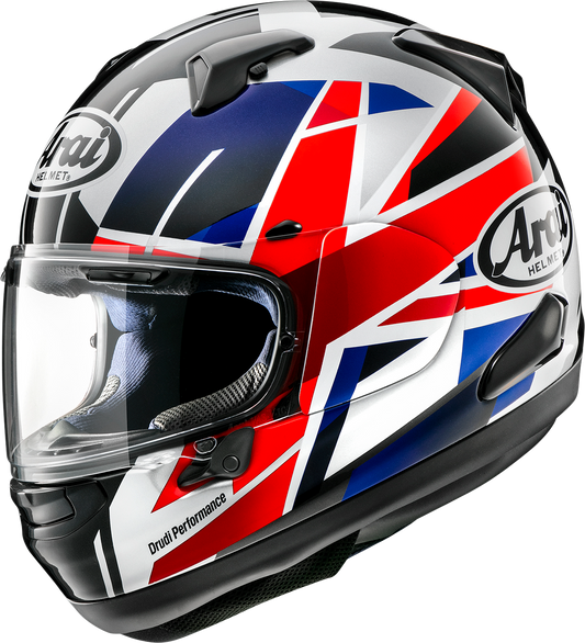 Arai Signet-X motorcycle helmet with VAS Shield System in UK flag design, XS size, featuring aerodynamic shell and ventilation.