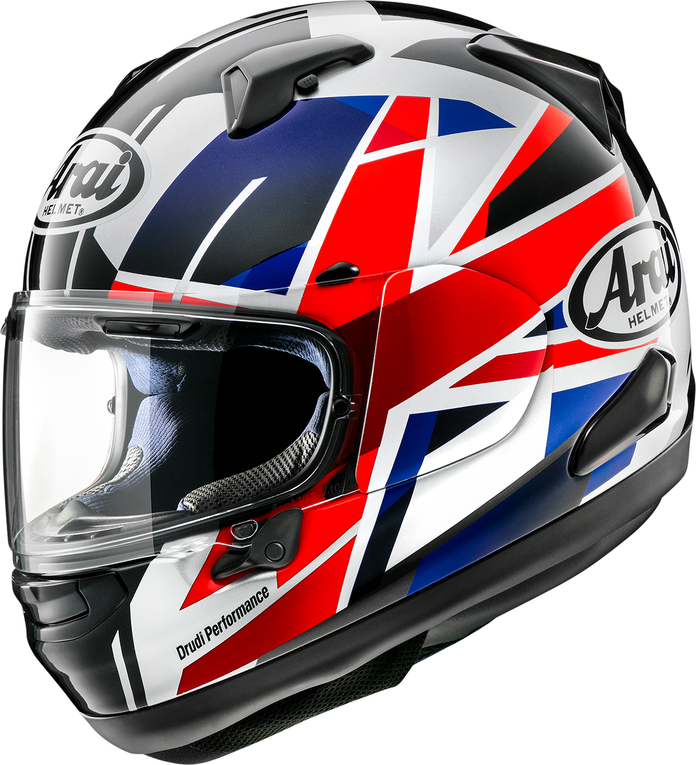 Arai Signet-X motorcycle helmet in UK flag design, 2XL size, featuring sleek aerodynamic shape and vibrant flag graphics.