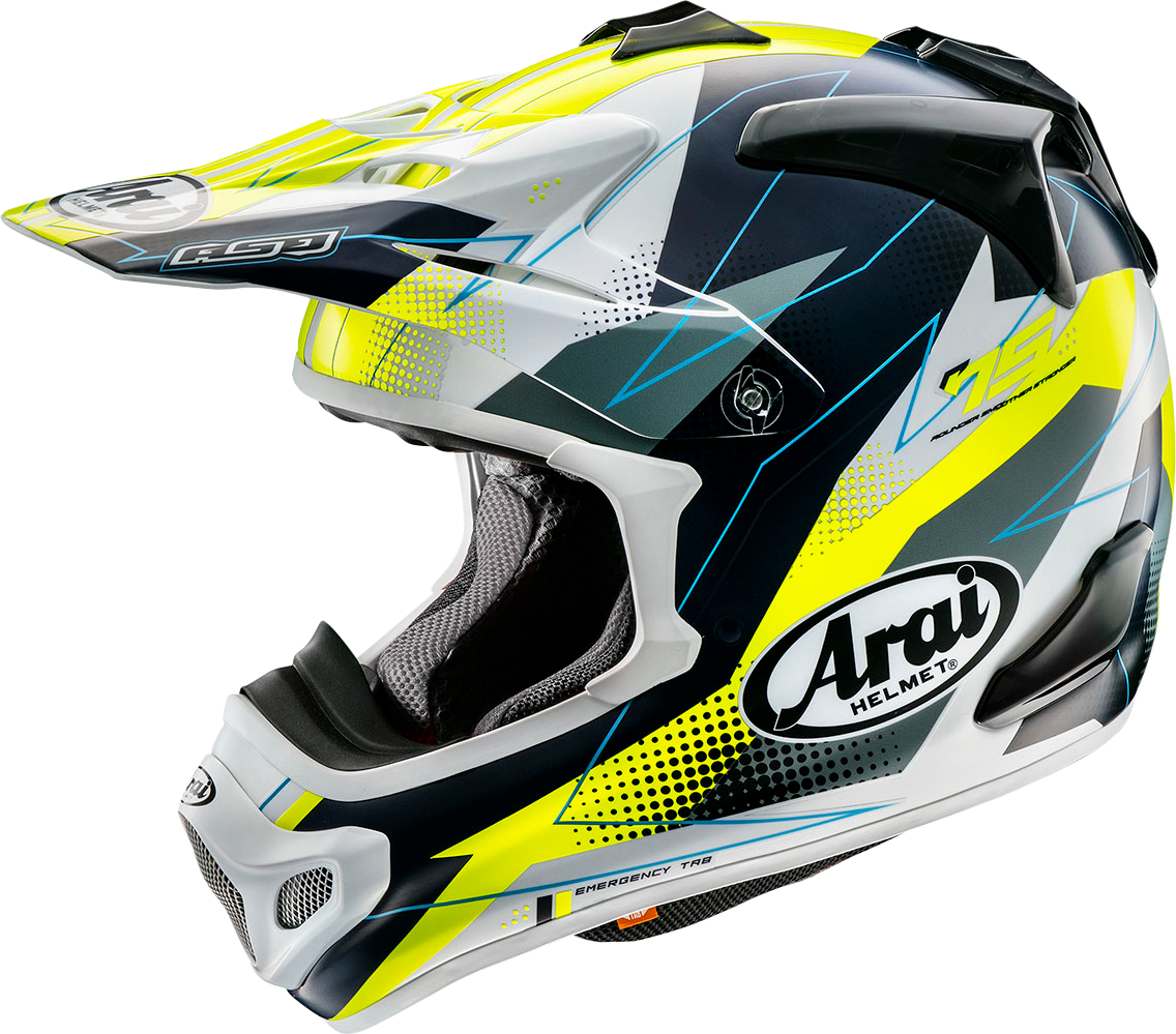 Arai VX-Pro4 Resolute Yellow motorcycle helmet with XS size, featuring a sleek design and secure chin strap.