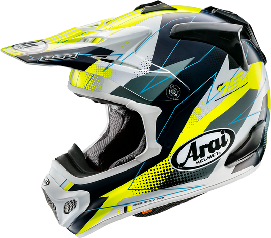 Arai VX-Pro4 Resolute Yellow motorcycle helmet with XS size, featuring a sleek design and secure chin strap.
