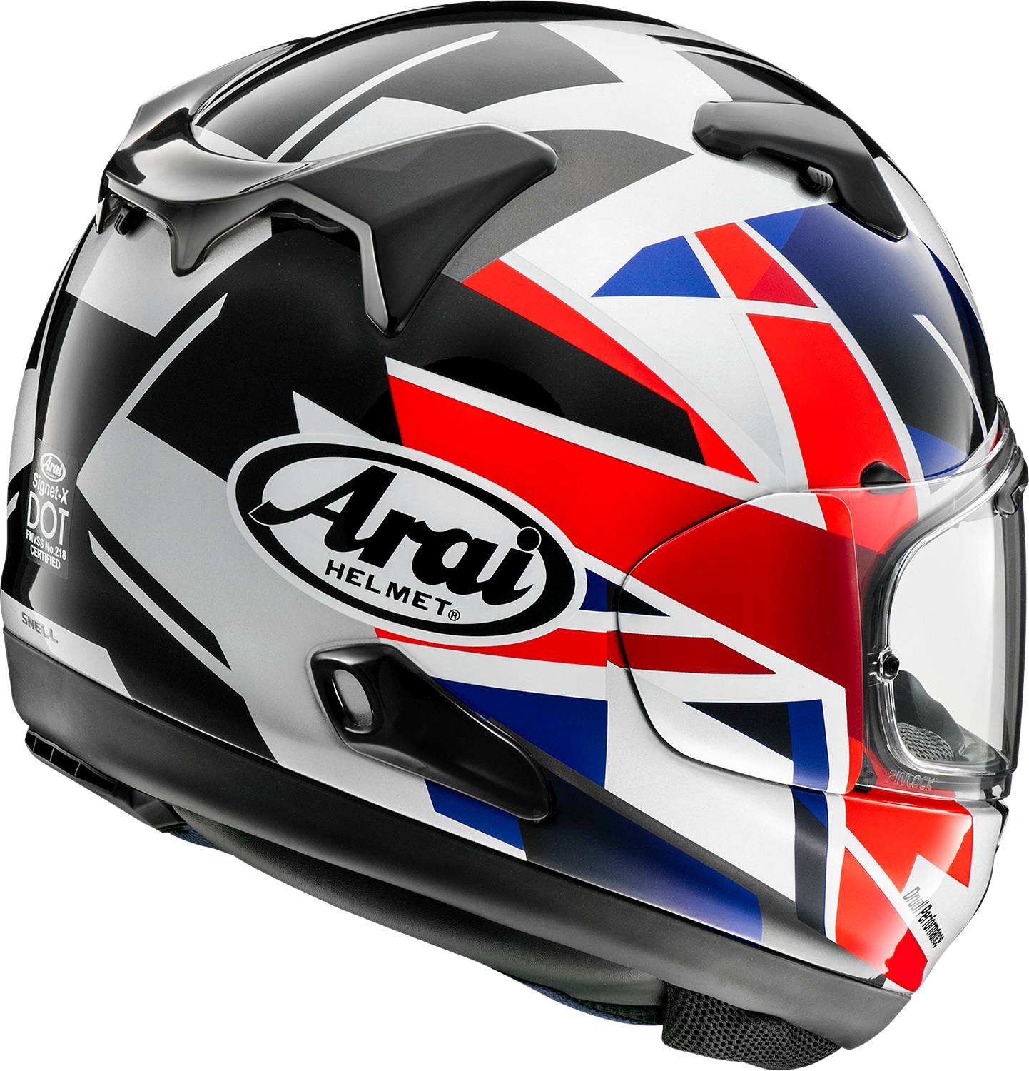 ARAi Helmets Signet-X motorcycle helmet with VAS shield system in UK flag design, size XS, featuring aerodynamic shell and ventilation.