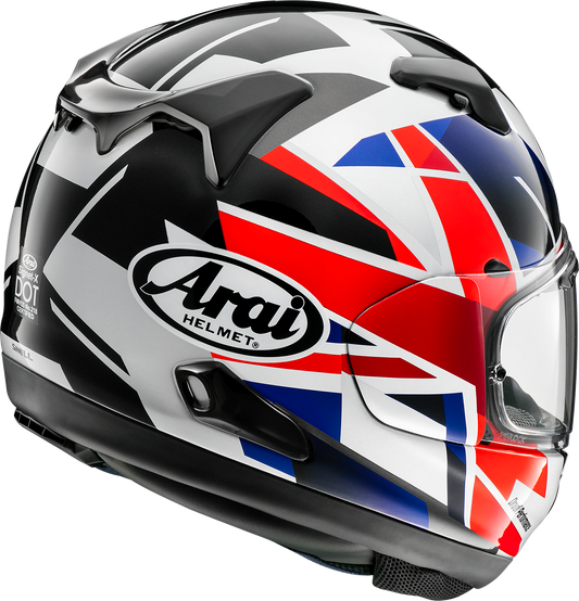 ARAi Helmets Signet-X motorcycle helmet with VAS shield system in UK flag design, size XS, featuring aerodynamic shell and ventilation.