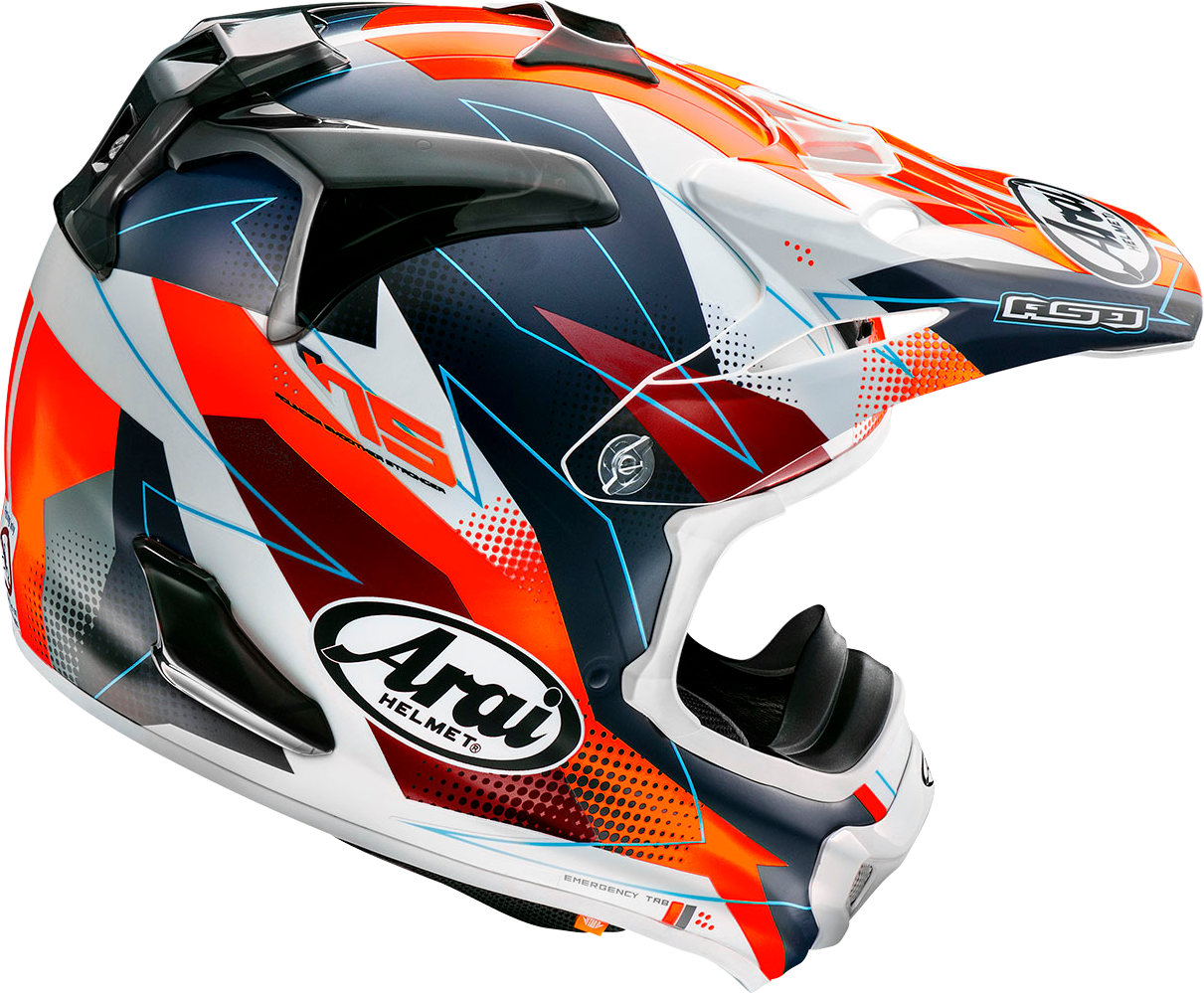 Arai Helmets VX-Pro4 Resolute Red motorcycle helmet with XS size and aerodynamic design, featuring a secure chin strap.