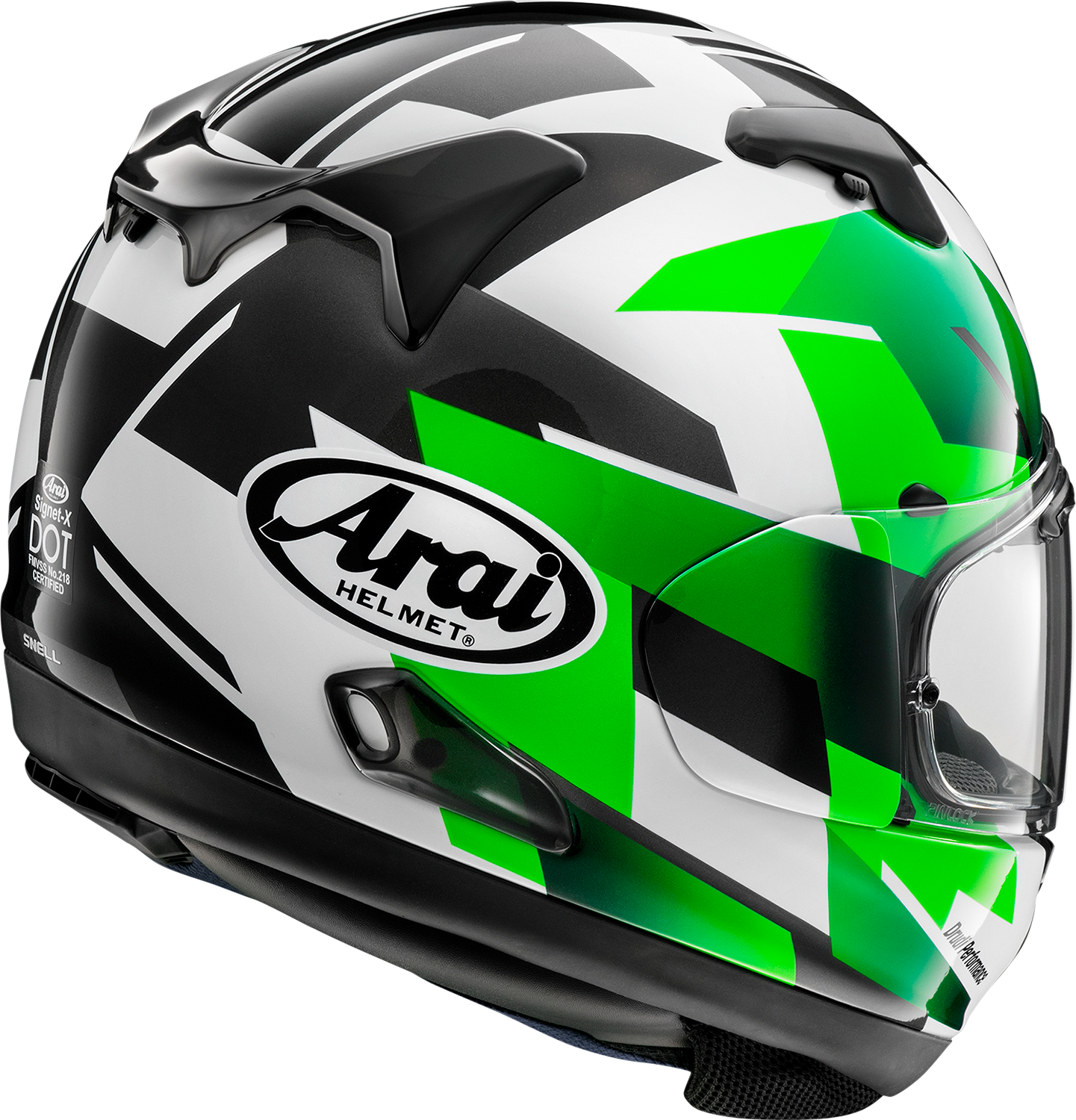 Arai Signet-X helmet in Italian flag design, XS size, with sleek aerodynamic shape and vibrant colors on a plain background.