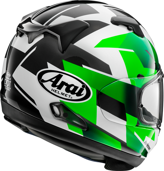 Arai Signet-X helmet in Italian flag design, XS size, with sleek aerodynamic shape and vibrant colors on a plain background.